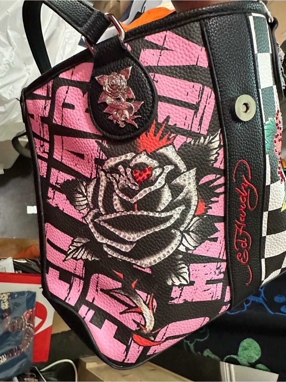 Ed Hardy Pink, Black & White Floral Tattoo Shoulder Bag - Picture 5 of 13